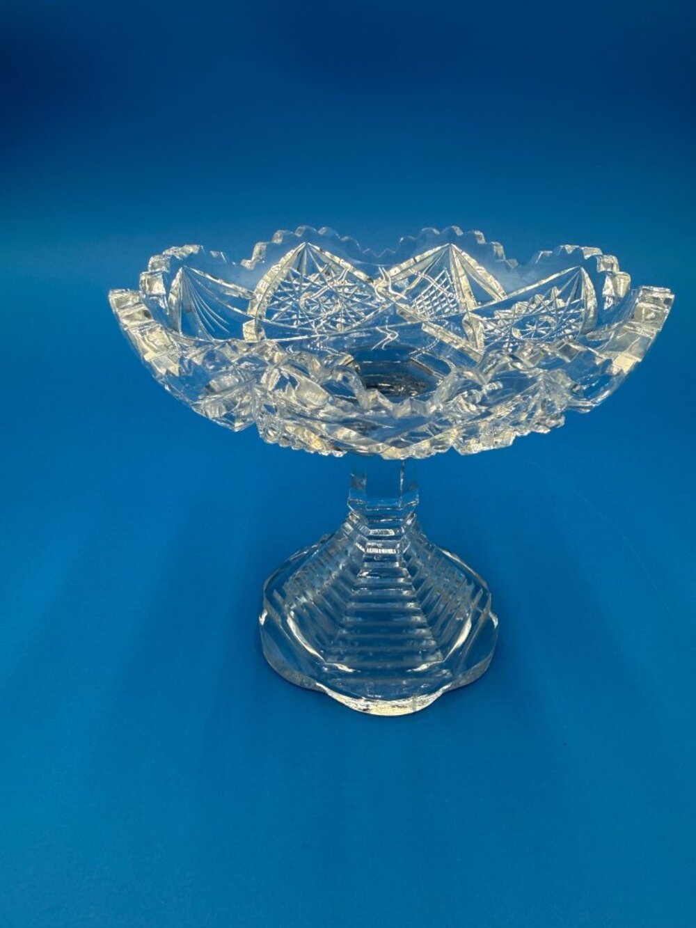 Vintage Crystal Pedestal Bowl Cut Glass Design Scalloped Edges Centerpeice